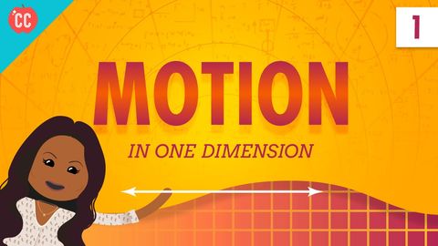 Motion in one dimension lesson thumbnail with an illustrated presenter and trajectory.