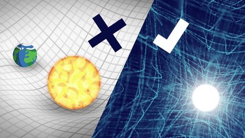 Contrasting geometric visualizations used to explain general relativity.