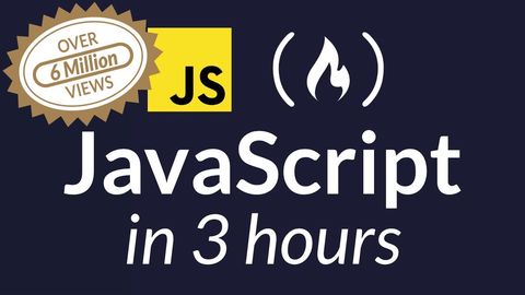 freeCodeCamp JavaScript in three hours course thumbnail.