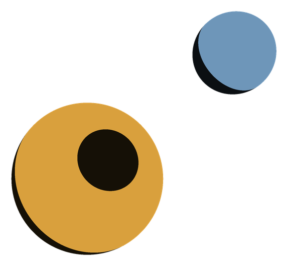The first renderer, re-run with a transparent background: flat colors, and a shadow ray that darkens blocked points to 10%. The blue sphere's shadow falls on the gold one.