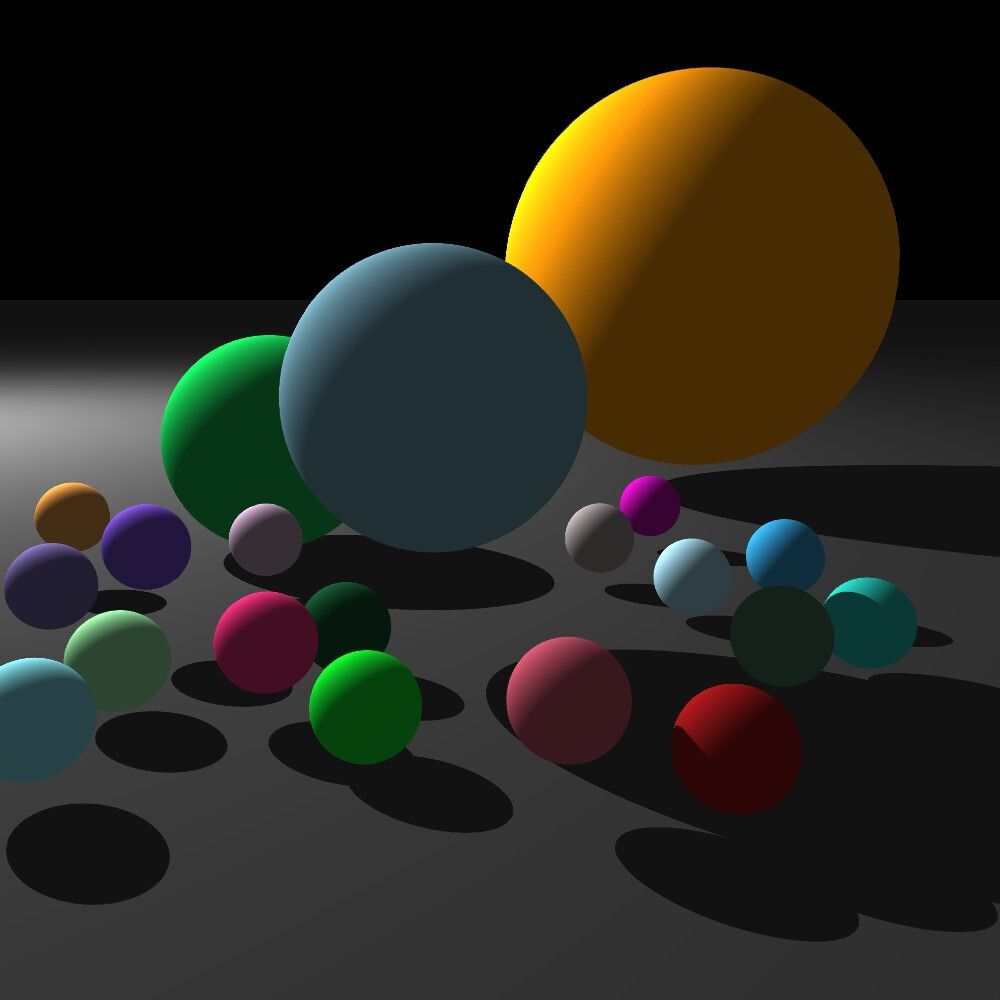 Twenty diffuse spheres on a gray ground plane with hard shadows and a black sky.