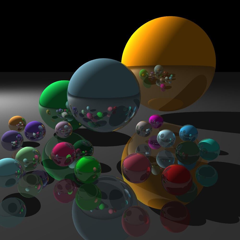 The same twenty spheres rendered with reflections, so every sphere shows mirrored copies of the scene around it.