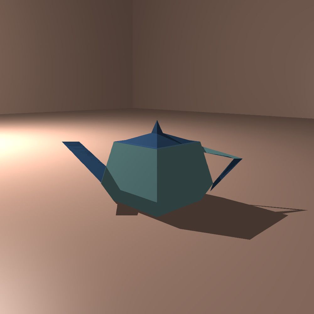A very coarse, angular Utah teapot rendered with two by two samples per Bézier patch.