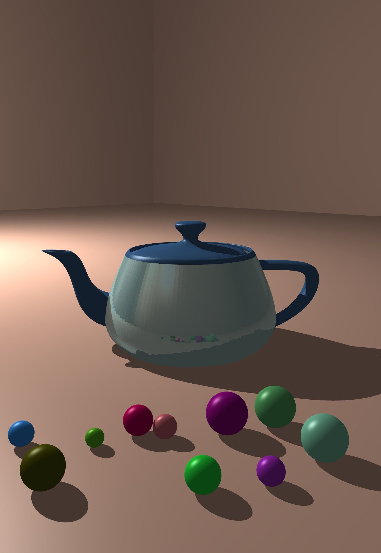 The final render: a triangulated Bézier teapot in a simple room. The spheres in front reflect in the teapot's body.